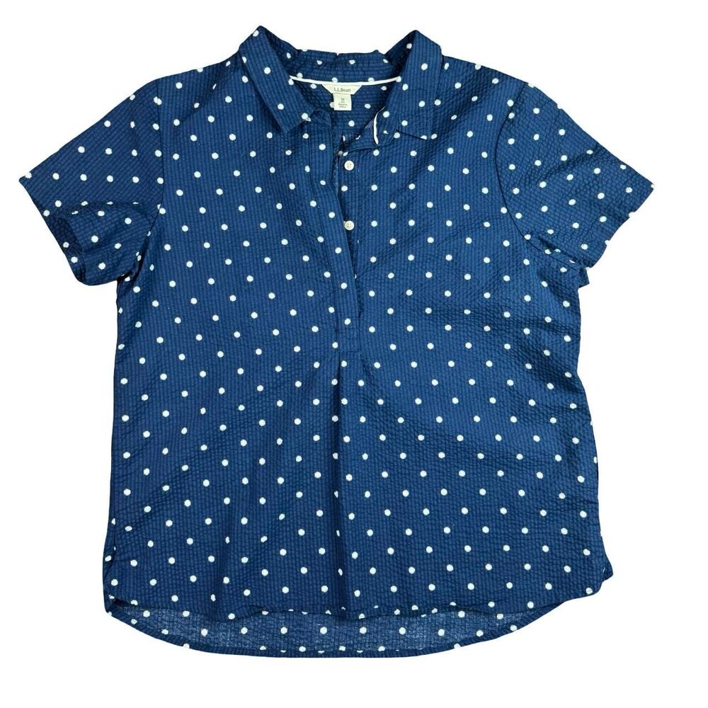 L.L Bean Women's Blue and White Polka Dot Crinkle Gauze Blouse